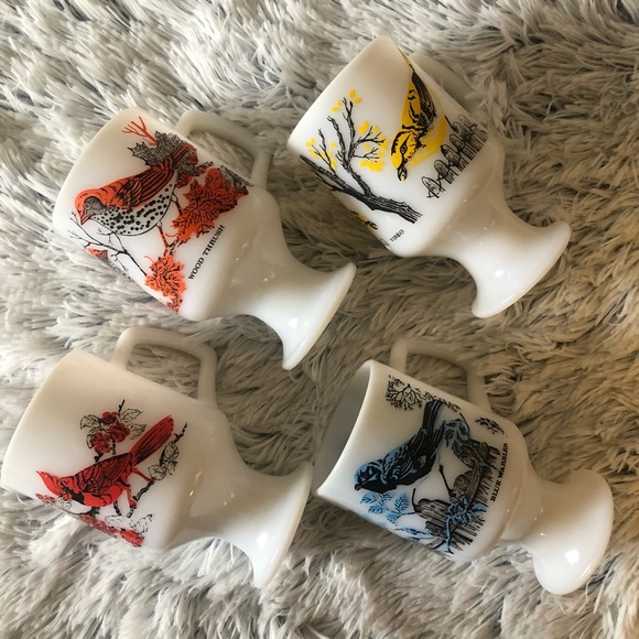 Vintage Cottagecore Bird Milk Glass Mugs Set of 4